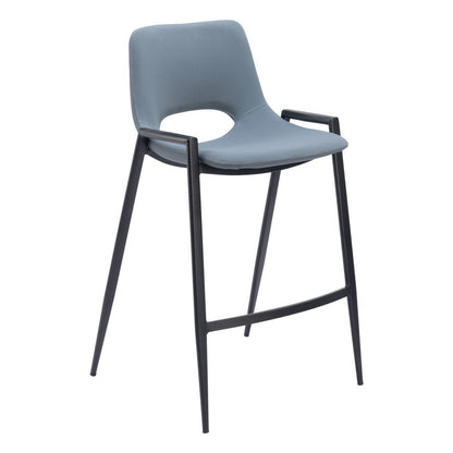 Set of Two 26" Blue And Black Faux Leather And Fabric And Steel Low Back Counter Height Bar Chairs