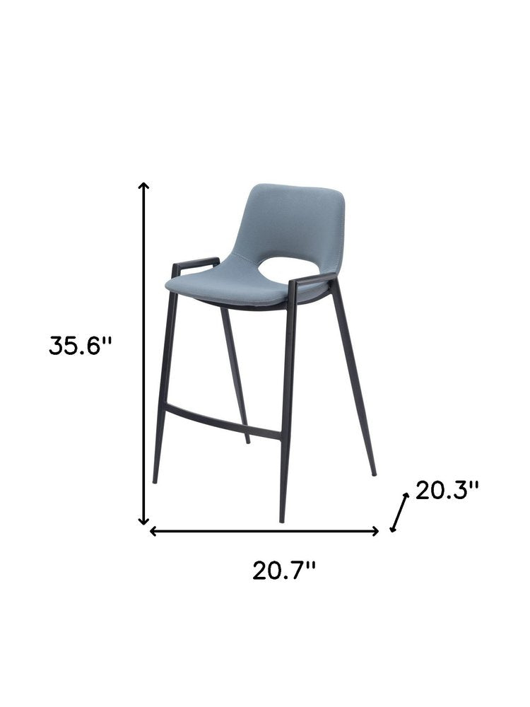 Set of Two 26" Blue And Black Faux Leather And Fabric And Steel Low Back Counter Height Bar Chairs
