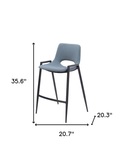 Set of Two 26" Blue And Black Faux Leather And Fabric And Steel Low Back Counter Height Bar Chairs