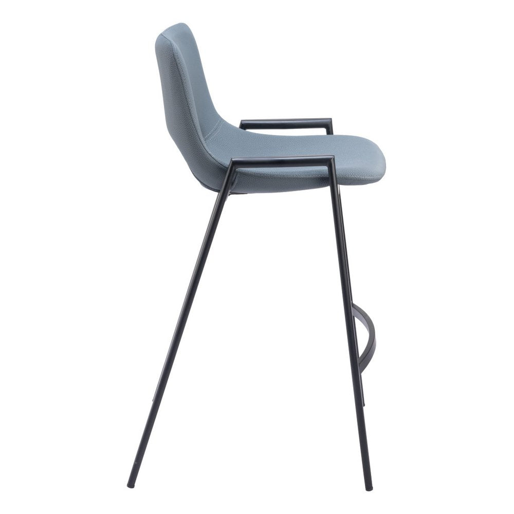 Set of Two 26" Blue And Black Faux Leather And Fabric And Steel Low Back Counter Height Bar Chairs