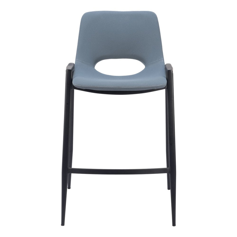Set of Two 26" Blue And Black Faux Leather And Fabric And Steel Low Back Counter Height Bar Chairs