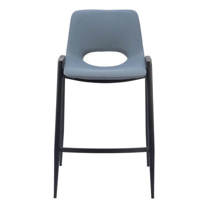 Set of Two 26" Blue And Black Faux Leather And Fabric And Steel Low Back Counter Height Bar Chairs