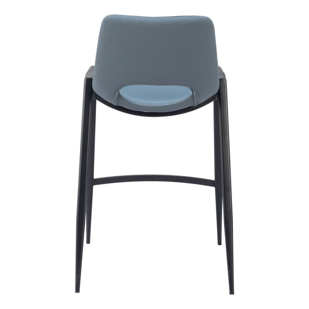 Set of Two 26" Blue And Black Faux Leather And Fabric And Steel Low Back Counter Height Bar Chairs