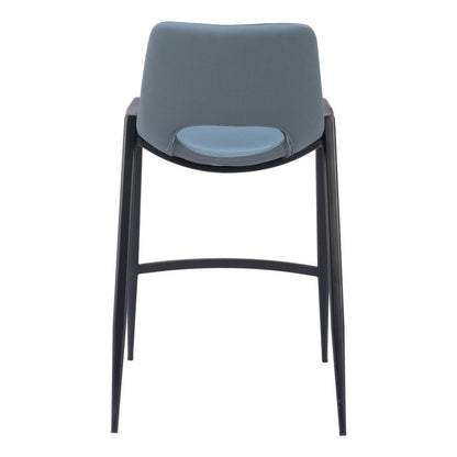 Set of Two 26" Blue And Black Faux Leather And Fabric And Steel Low Back Counter Height Bar Chairs