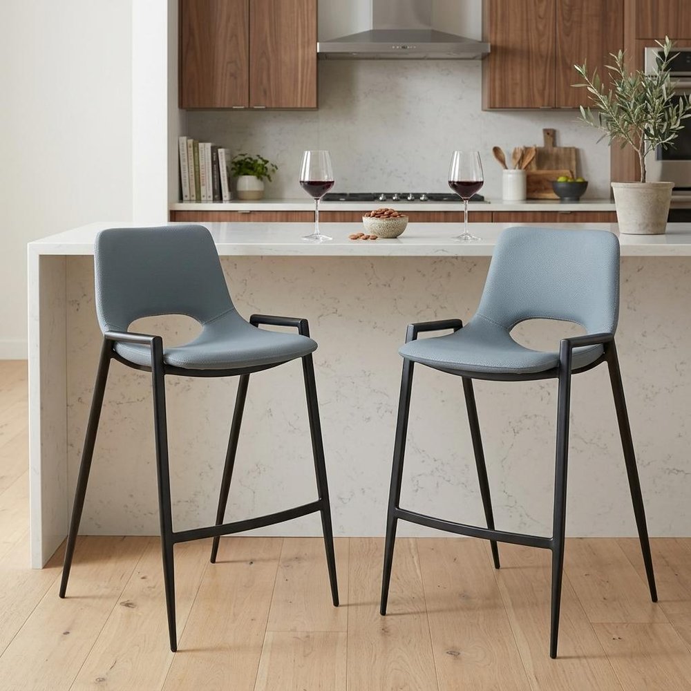 Set of Two 26" Blue And Black Faux Leather And Fabric And Steel Low Back Counter Height Bar Chairs