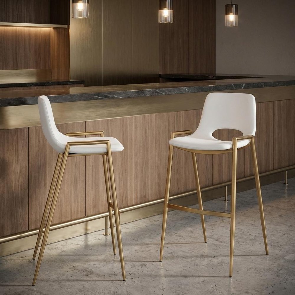 Set of Two 30" Beige And Gold Faux Leather And Fabric And Steel Low Back Bar Height Bar Chairs