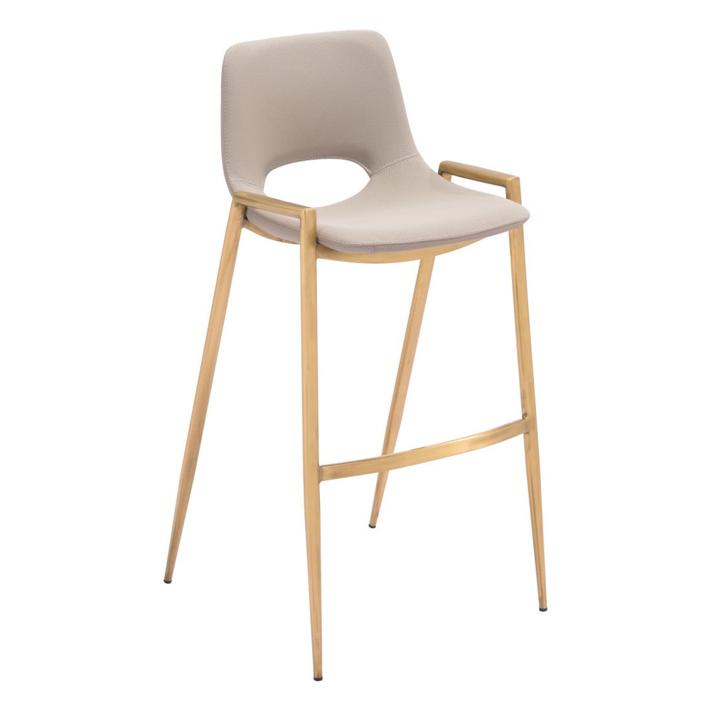 Set of Two 30" Beige And Gold Faux Leather And Fabric And Steel Low Back Bar Height Bar Chairs