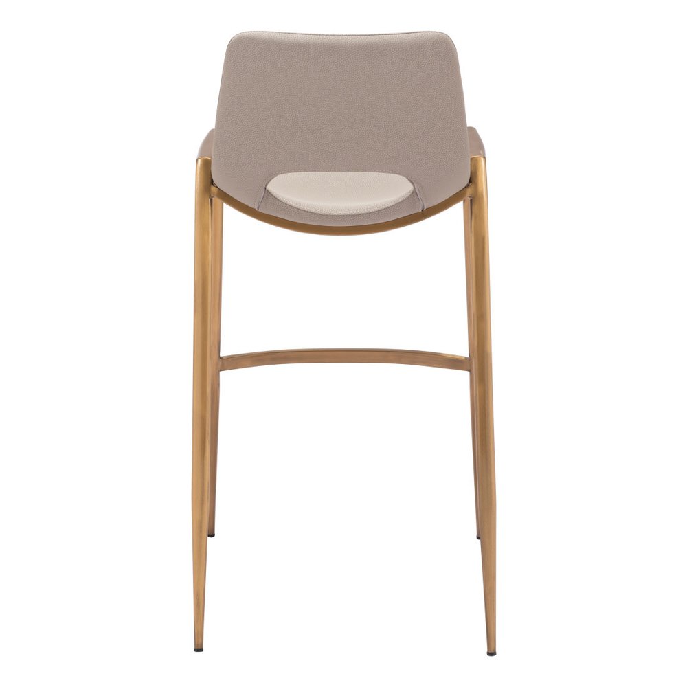 Set of Two 30" Beige And Gold Faux Leather And Fabric And Steel Low Back Bar Height Bar Chairs