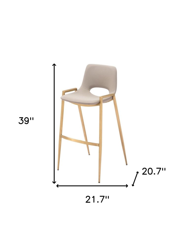 Set of Two 30" Beige And Gold Faux Leather And Fabric And Steel Low Back Bar Height Bar Chairs