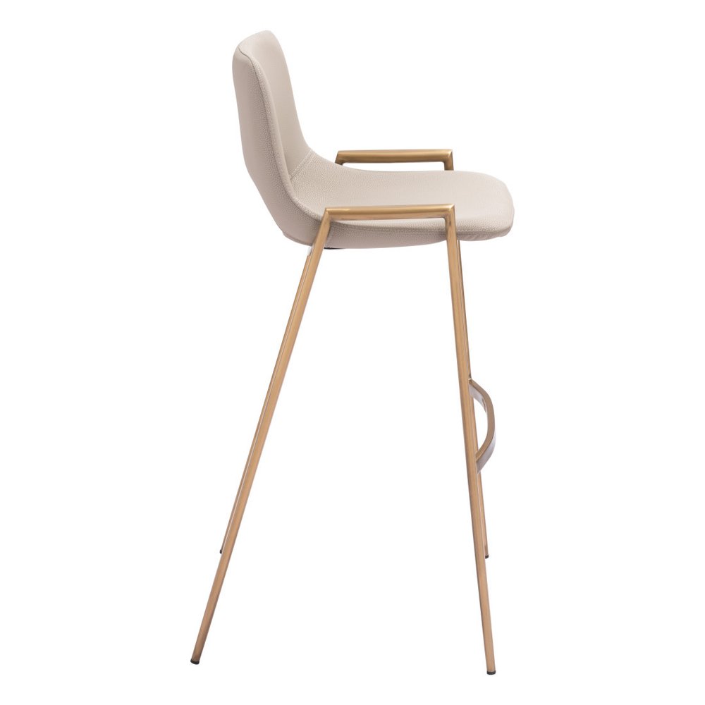 Set of Two 30" Beige And Gold Faux Leather And Fabric And Steel Low Back Bar Height Bar Chairs