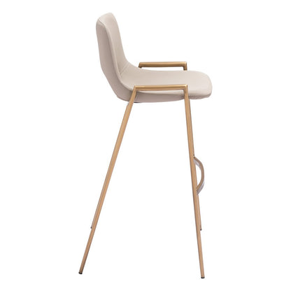 Set of Two 30" Beige And Gold Faux Leather And Fabric And Steel Low Back Bar Height Bar Chairs