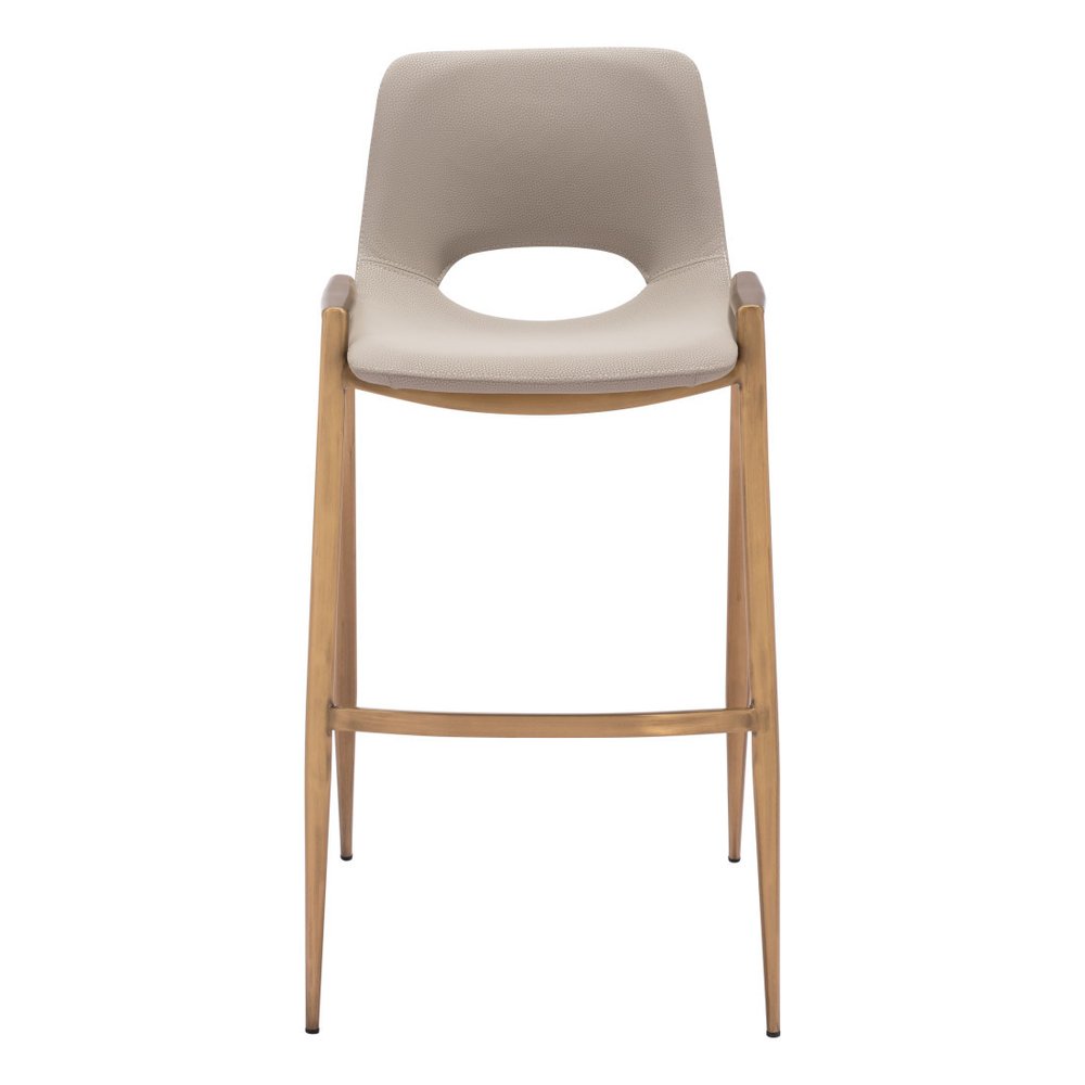 Set of Two 30" Beige And Gold Faux Leather And Fabric And Steel Low Back Bar Height Bar Chairs