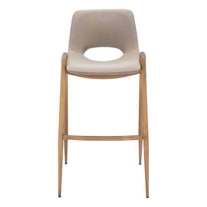 Set of Two 30" Beige And Gold Faux Leather And Fabric And Steel Low Back Bar Height Bar Chairs