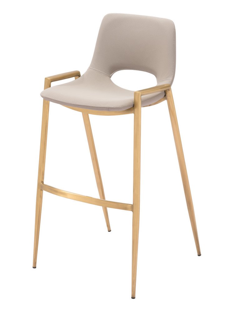 Set of Two 30" Beige And Gold Faux Leather And Fabric And Steel Low Back Bar Height Bar Chairs