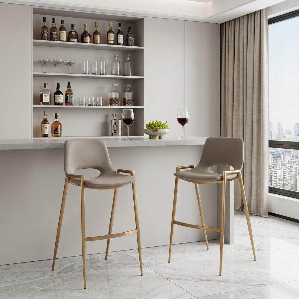 Set of Two 30" Beige And Gold Faux Leather And Fabric And Steel Low Back Bar Height Bar Chairs