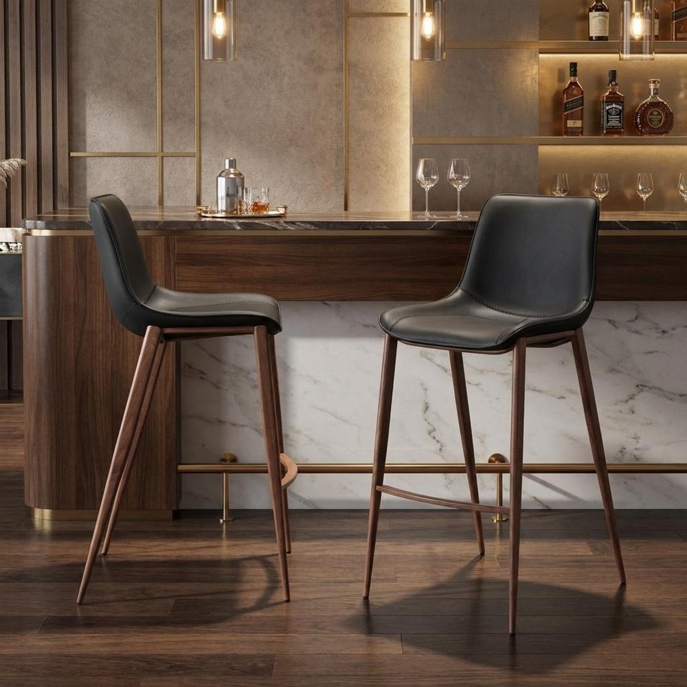 Set of Two 30" Black And Brown Faux Leather And Fabric And Steel Bar Height Bar Chairs