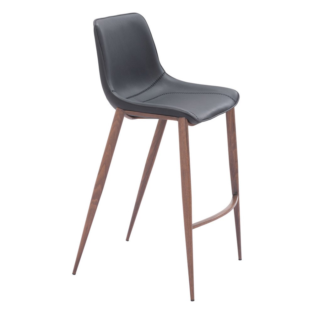 Set of Two 30" Black And Brown Faux Leather And Fabric And Steel Bar Height Bar Chairs