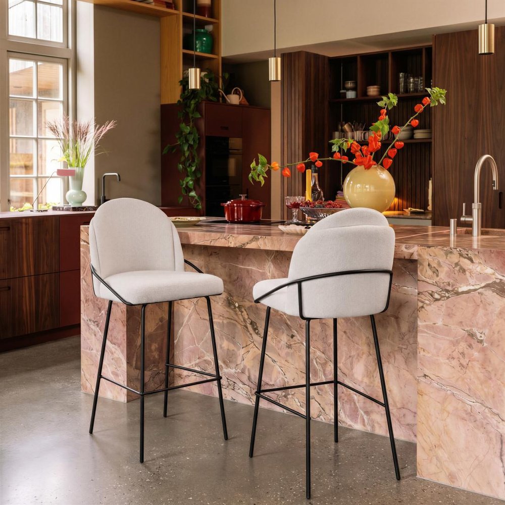 Set of Two 30" Ivory And Black Shearling And Fabric And Steel Bar Height Bar Chairs