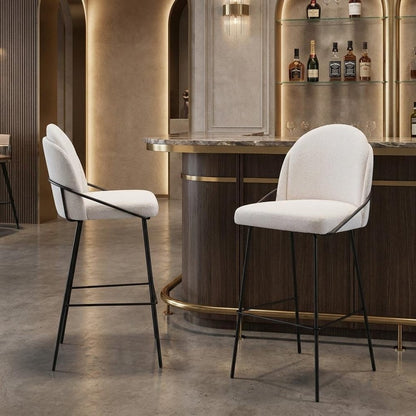Set of Two 30" Ivory And Black Shearling And Fabric And Steel Bar Height Bar Chairs