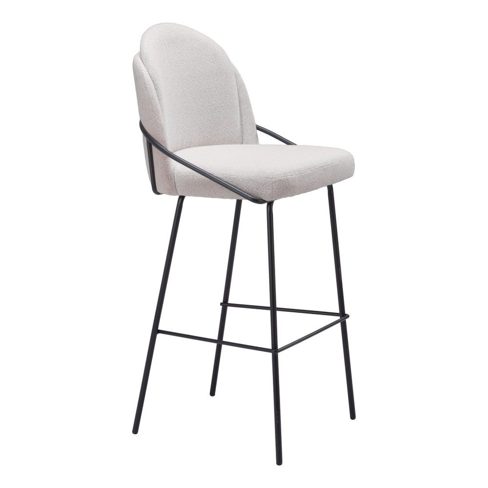 Set of Two 30" Ivory And Black Shearling And Fabric And Steel Bar Height Bar Chairs
