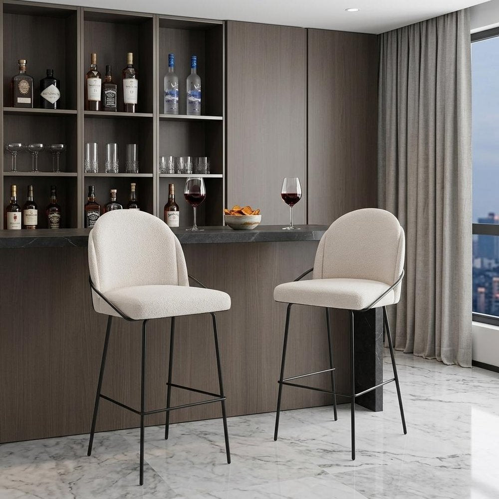 Set of Two 30" Ivory And Black Shearling And Fabric And Steel Bar Height Bar Chairs