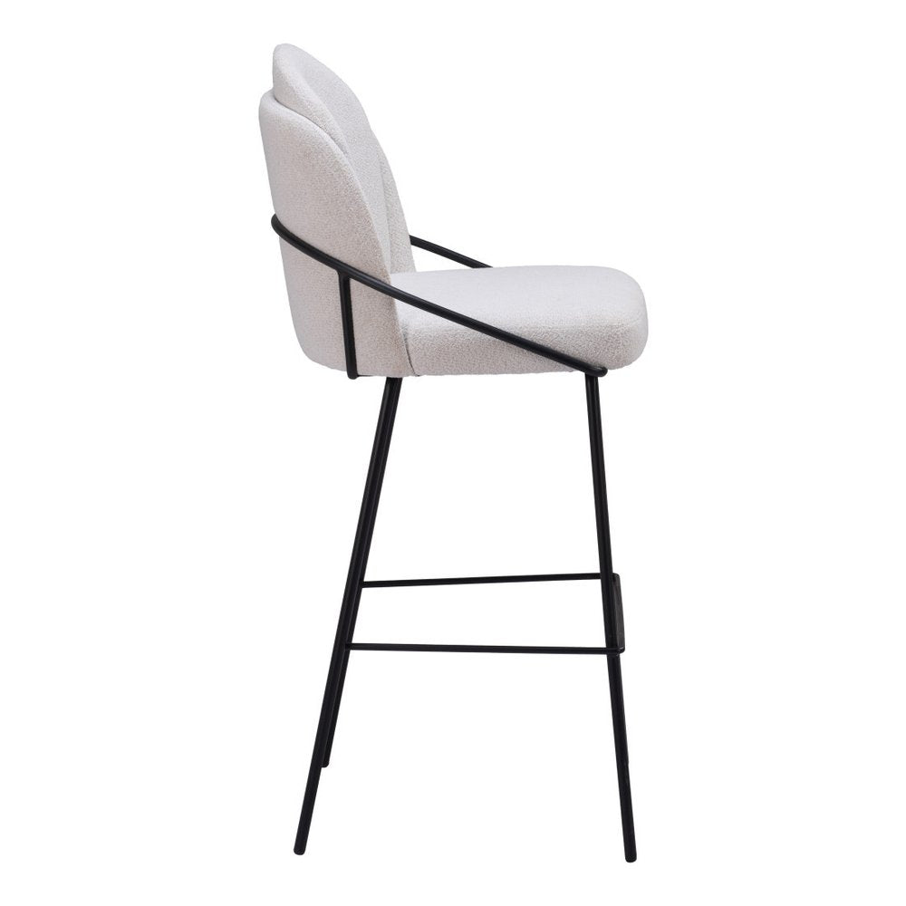 Set of Two 30" Ivory And Black Shearling And Fabric And Steel Bar Height Bar Chairs