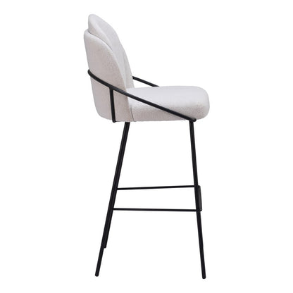 Set of Two 30" Ivory And Black Shearling And Fabric And Steel Bar Height Bar Chairs