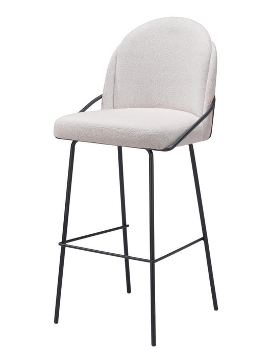 Set of Two 30" Ivory And Black Shearling And Fabric And Steel Bar Height Bar Chairs