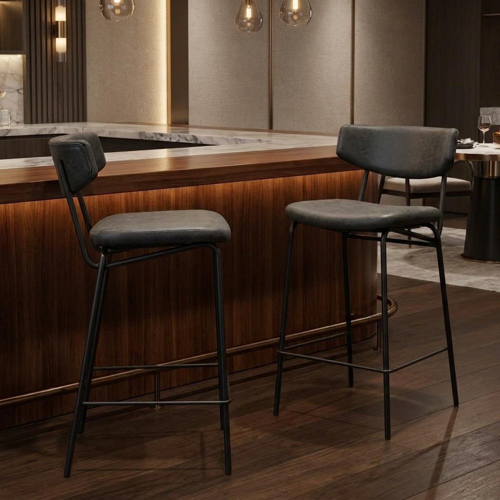 Set of Two 30" Black Faux Leather And Steel Low Back Bar Height Bar Chairs