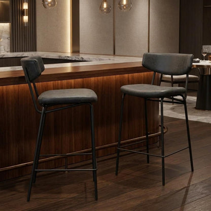 Set of Two 30" Black Faux Leather And Steel Low Back Bar Height Bar Chairs