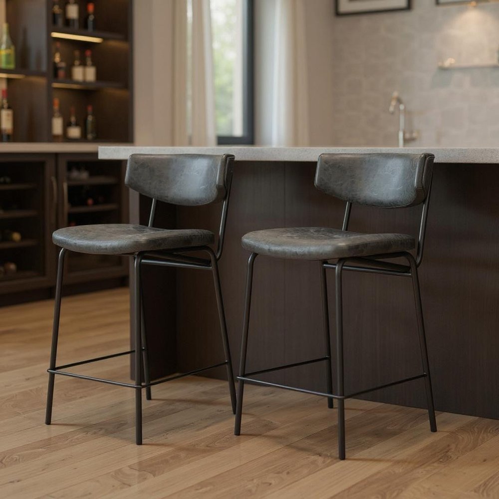 Set of Two 30" Black Faux Leather And Steel Low Back Bar Height Bar Chairs
