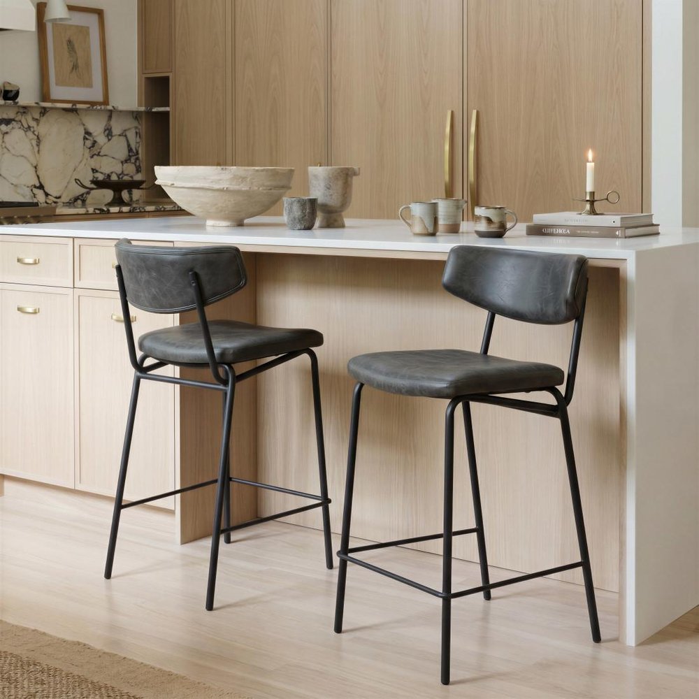 Set of Two 30" Black Faux Leather And Steel Low Back Bar Height Bar Chairs