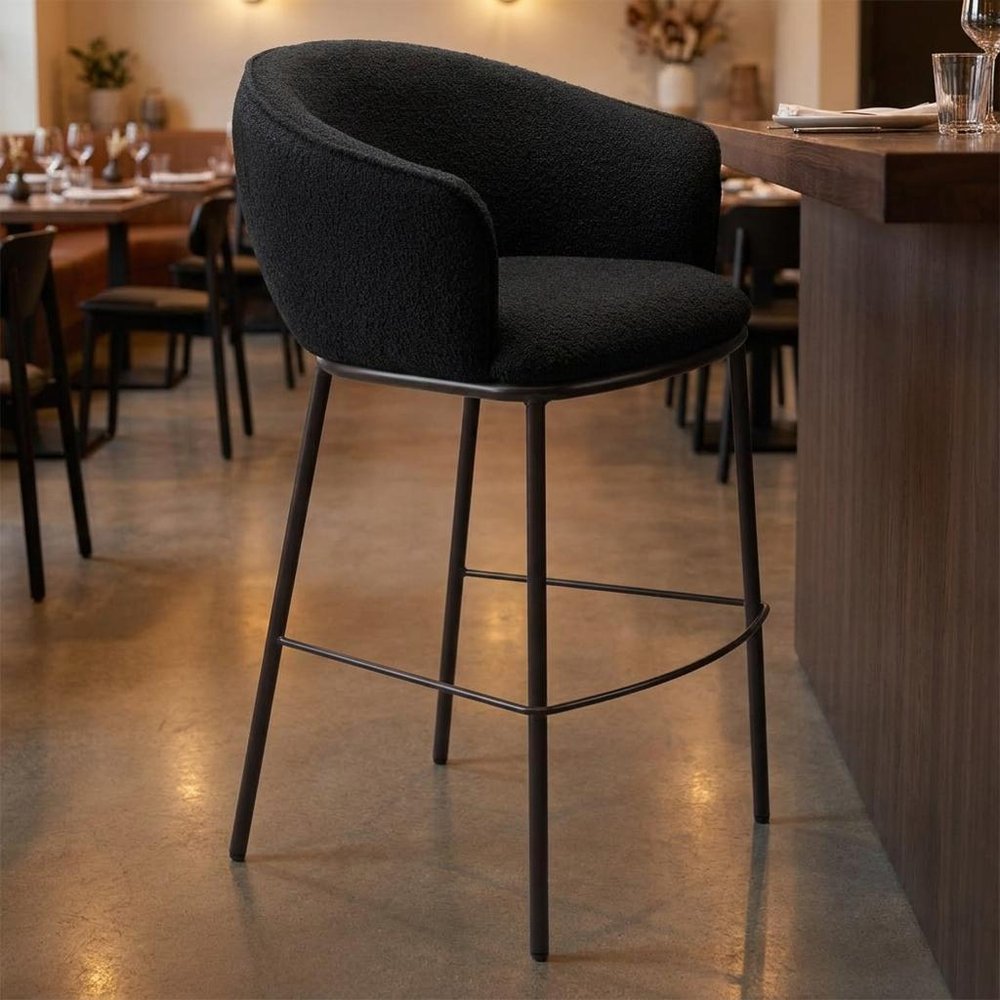 30" Black And Bronze Shearling And Fabric And Steel Bar Height Bar Chair