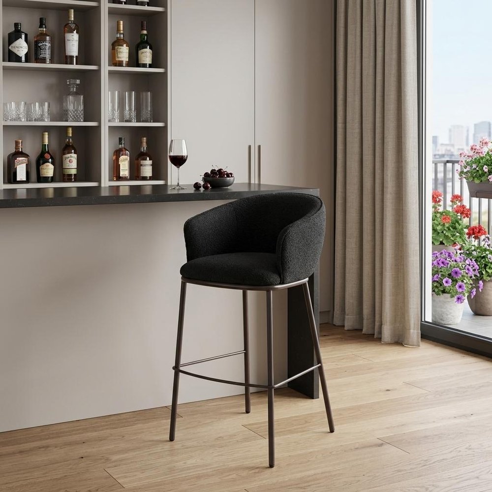 30" Black And Bronze Shearling And Fabric And Steel Bar Height Bar Chair