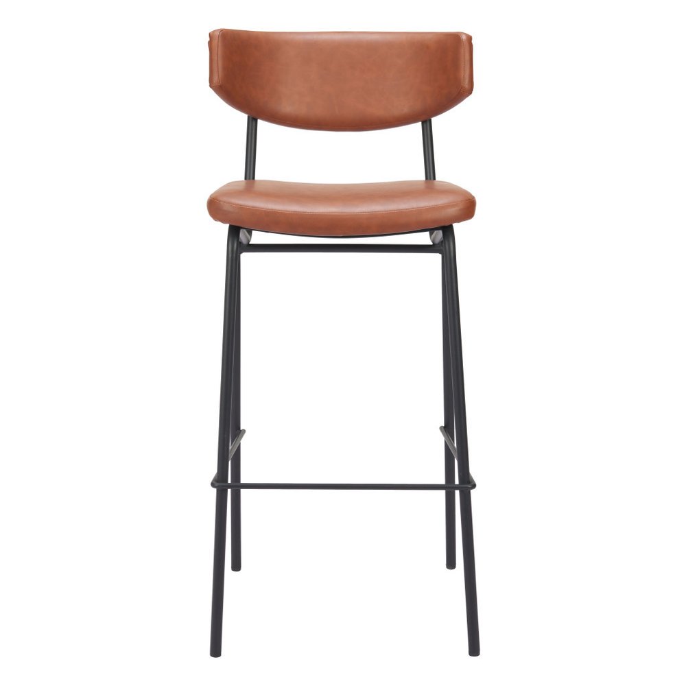 Set of Two 26" Brown And Black Faux Leather And Fabric And Steel Bar Height Bar Chairs