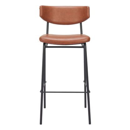 Set of Two 26" Brown And Black Faux Leather And Fabric And Steel Bar Height Bar Chairs