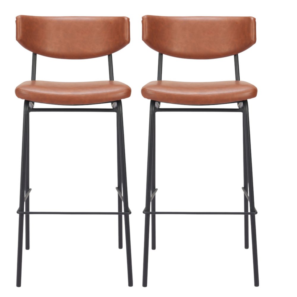 Set of Two 26" Brown And Black Faux Leather And Fabric And Steel Bar Height Bar Chairs