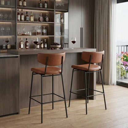 Set of Two 26" Brown And Black Faux Leather And Fabric And Steel Bar Height Bar Chairs