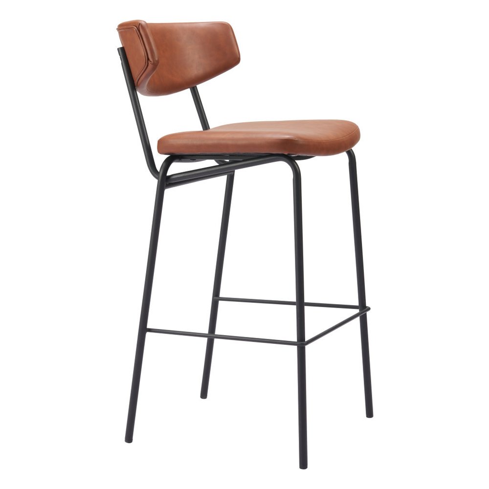 Set of Two 26" Brown And Black Faux Leather And Fabric And Steel Bar Height Bar Chairs