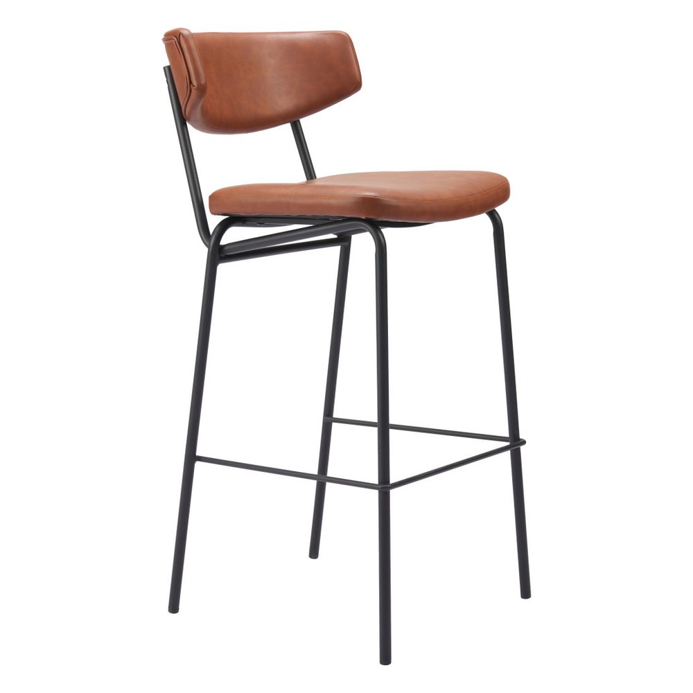 Set of Two 26" Brown And Black Faux Leather And Fabric And Steel Bar Height Bar Chairs