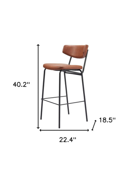 Set of Two 26" Brown And Black Faux Leather And Fabric And Steel Bar Height Bar Chairs
