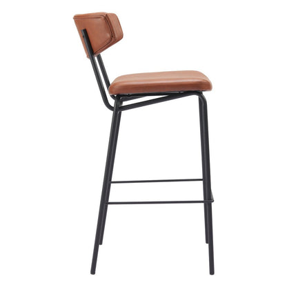 Set of Two 26" Brown And Black Faux Leather And Fabric And Steel Bar Height Bar Chairs