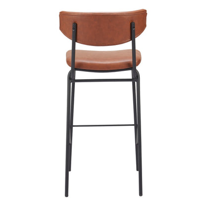 Set of Two 26" Brown And Black Faux Leather And Fabric And Steel Bar Height Bar Chairs