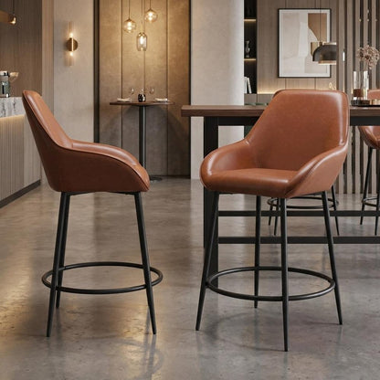 Set of Two 25" Brown And Black Faux Leather And Fabric And Steel Counter Height Bar Chairs