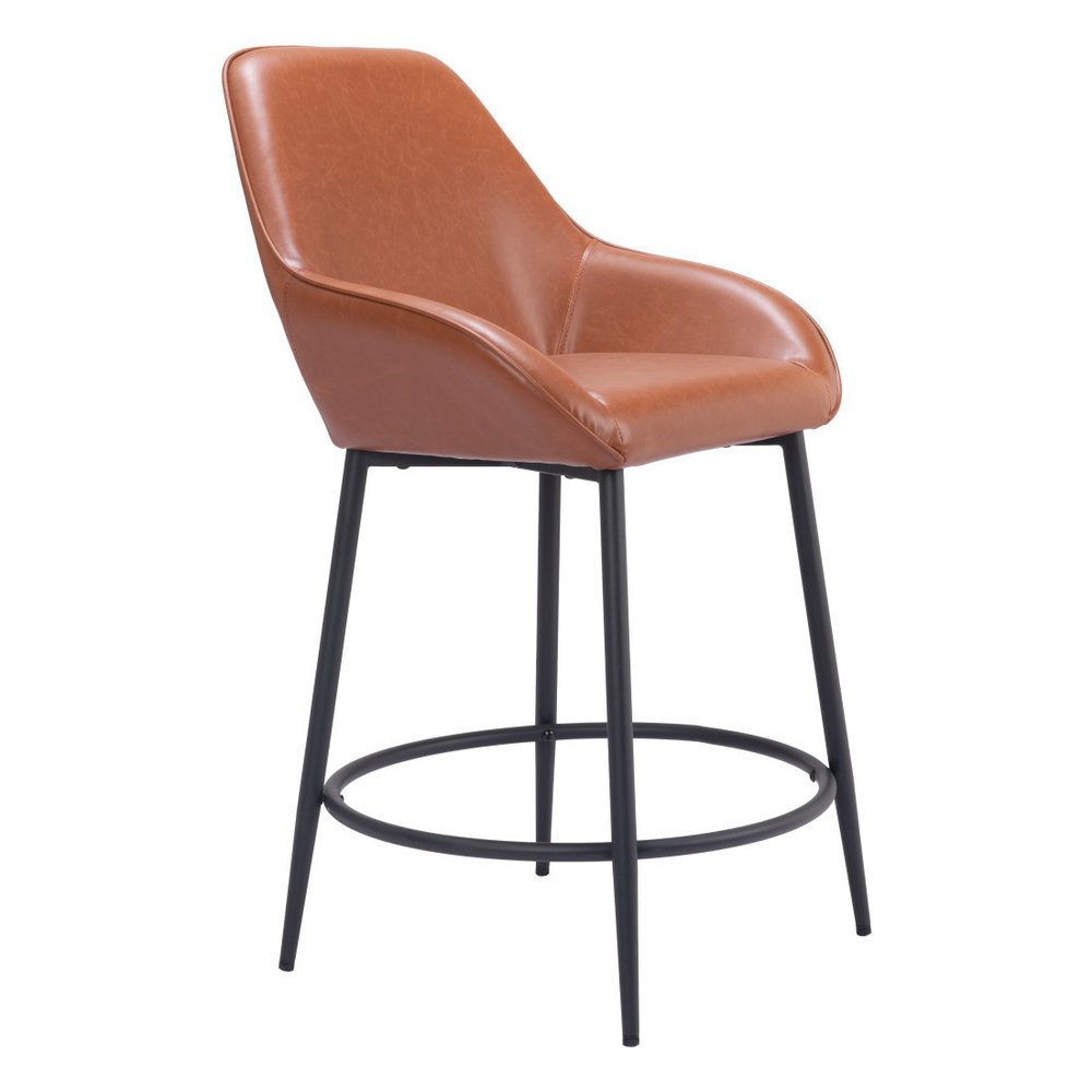 Set of Two 25" Brown And Black Faux Leather And Fabric And Steel Counter Height Bar Chairs