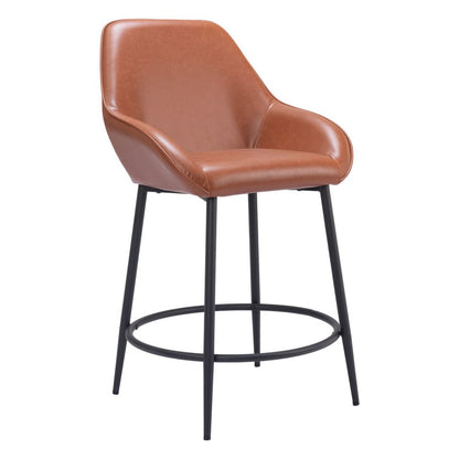 Set of Two 25" Brown And Black Faux Leather And Fabric And Steel Counter Height Bar Chairs
