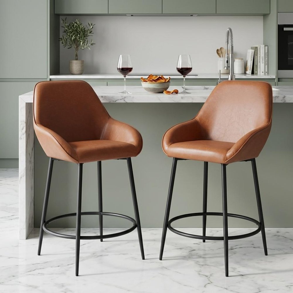 Set of Two 25" Brown And Black Faux Leather And Fabric And Steel Counter Height Bar Chairs