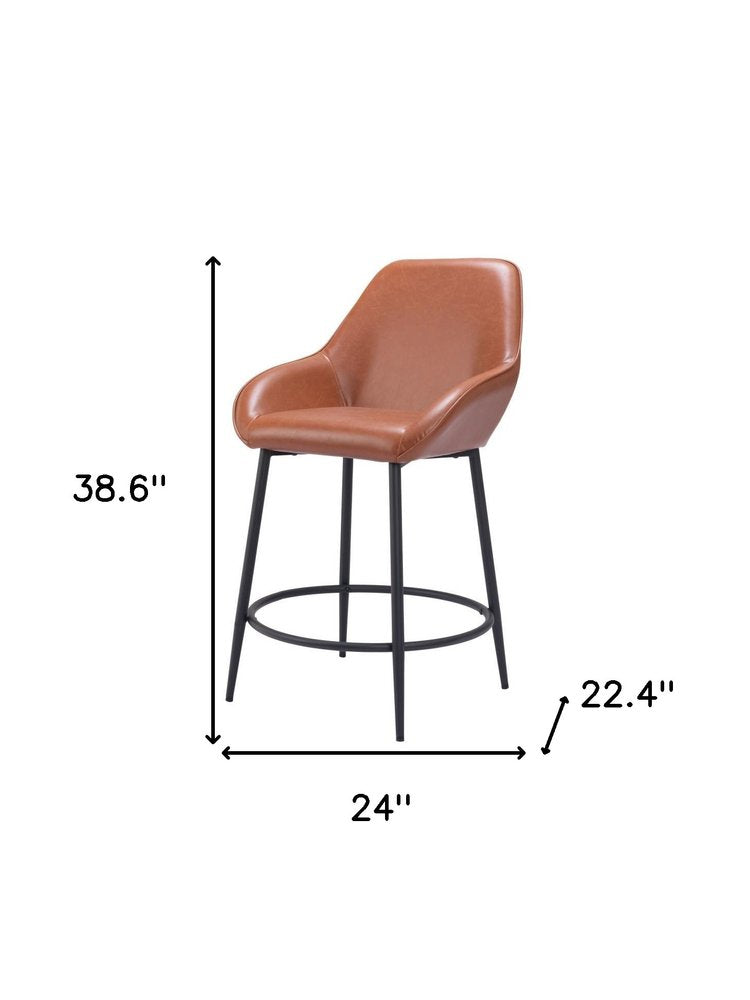 Set of Two 25" Brown And Black Faux Leather And Fabric And Steel Counter Height Bar Chairs