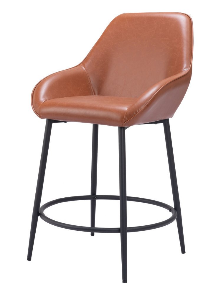 Set of Two 25" Brown And Black Faux Leather And Fabric And Steel Counter Height Bar Chairs