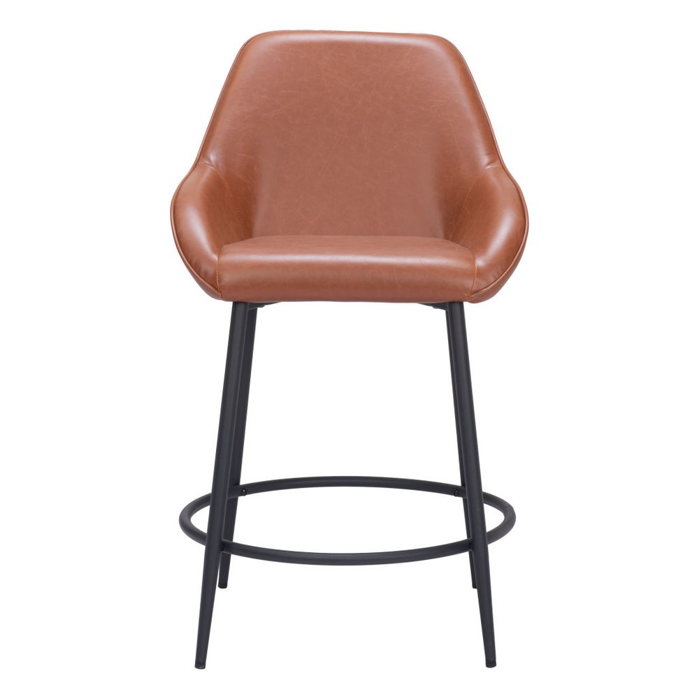 Set of Two 25" Brown And Black Faux Leather And Fabric And Steel Counter Height Bar Chairs